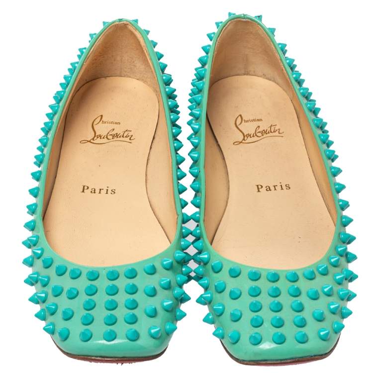Pre Owned Christian Louboutin Green Patent Leather Spikes Ballet Flats Size 36.5