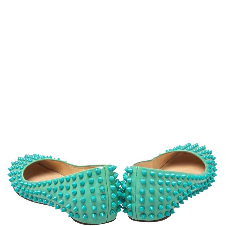 Pre Owned Christian Louboutin Green Patent Leather Spikes Ballet Flats Size 36.5