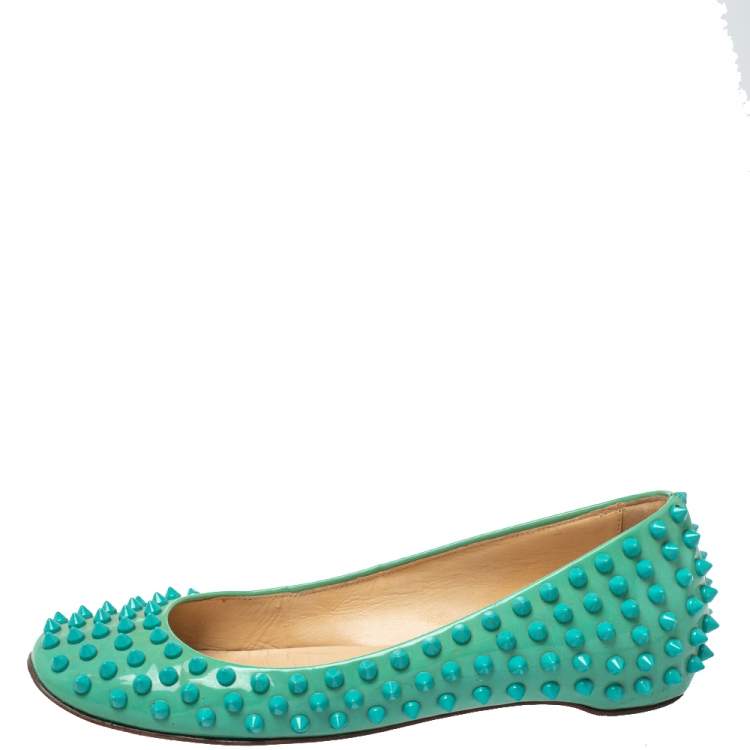 Pre Owned Christian Louboutin Green Patent Leather Spikes Ballet Flats Size 36.5