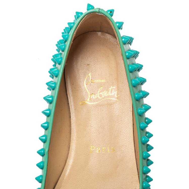 Pre Owned Christian Louboutin Green Patent Leather Spikes Ballet Flats Size 36.5