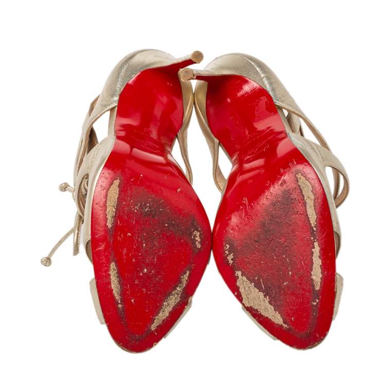 Pre Owned Christian Louboutin Gold Leather Lace up Crisscross Sandals Size 38