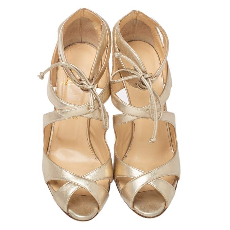 Pre Owned Christian Louboutin Gold Leather Lace up Crisscross Sandals Size 38