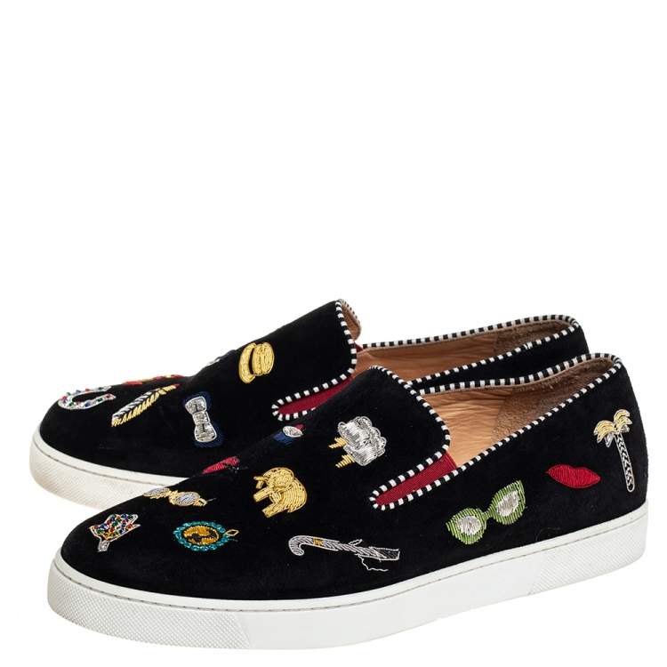 Pre Owned Christian Louboutin Black Suede Embellished Pik N Luck Slip-On Sneakers Size 40