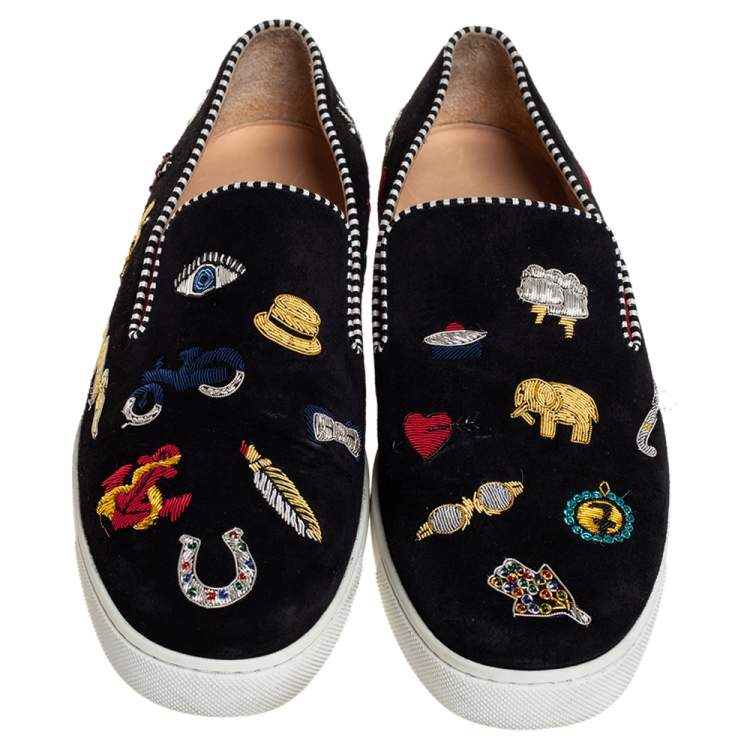Pre Owned Christian Louboutin Black Suede Embellished Pik N Luck Slip-On Sneakers Size 40