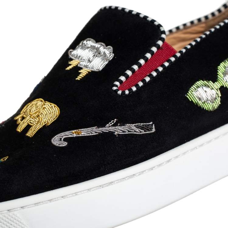 Pre Owned Christian Louboutin Black Suede Embellished Pik N Luck Slip-On Sneakers Size 40