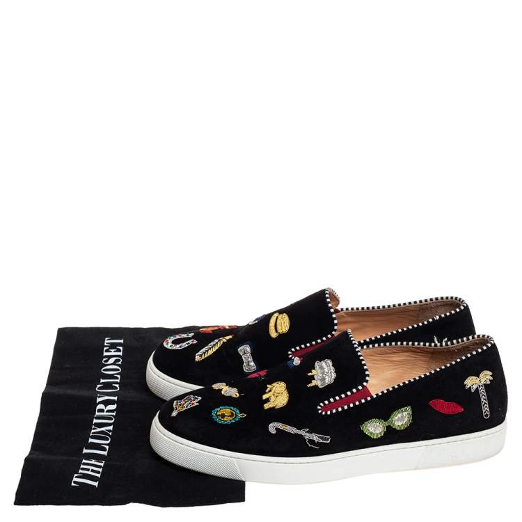 Pre Owned Christian Louboutin Black Suede Embellished Pik N Luck Slip-On Sneakers Size 40
