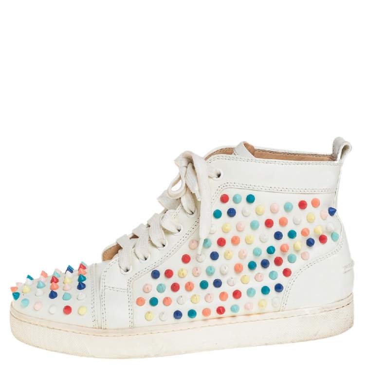 Pre Owned Christian Louboutin White Patent Leather Spikes Sneakers Size 39