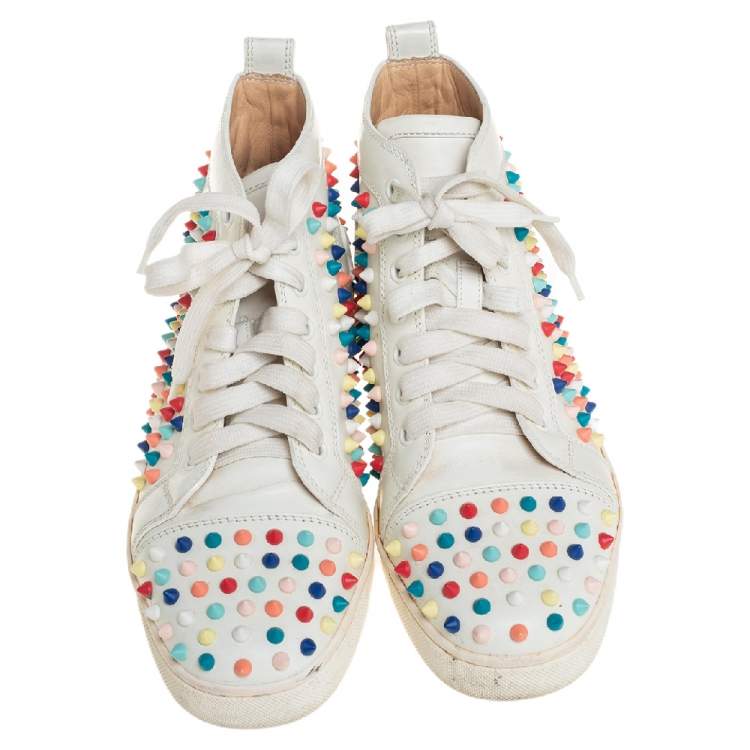 Pre Owned Christian Louboutin White Patent Leather Spikes Sneakers Size 39