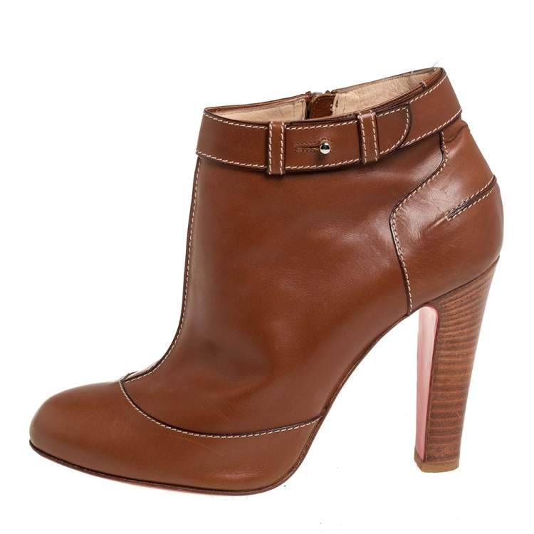 Pre Owned Christian Louboutin Brown Leather Et D'Un Booties Size 38.5