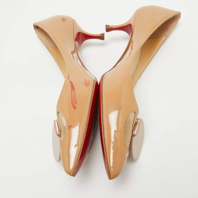 Pre Owned Christian Louboutin Beige Patent Leather And Mesh Madame Mouse Pointed Toe Pumps Size 38