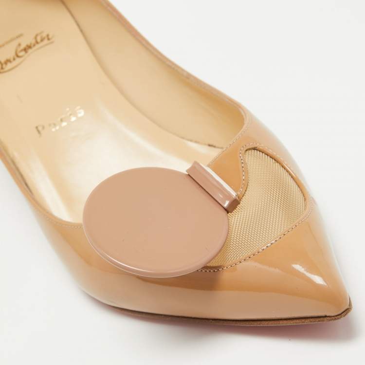 Pre Owned Christian Louboutin Beige Patent Leather And Mesh Madame Mouse Pointed Toe Pumps Size 38