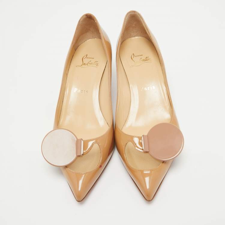 Pre Owned Christian Louboutin Beige Patent Leather And Mesh Madame Mouse Pointed Toe Pumps Size 38