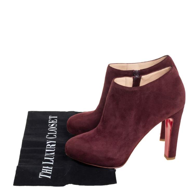 Pre Owned Christian Louboutin Burgundy Suede Platform Booties Size 36.5