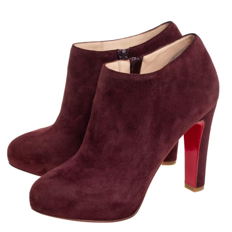 Pre Owned Christian Louboutin Burgundy Suede Platform Booties Size 36.5