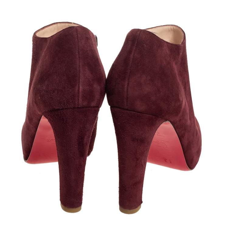 Pre Owned Christian Louboutin Burgundy Suede Platform Booties Size 36.5