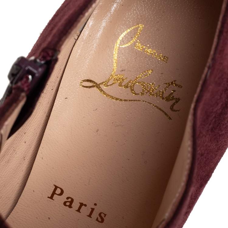 Pre Owned Christian Louboutin Burgundy Suede Platform Booties Size 36.5