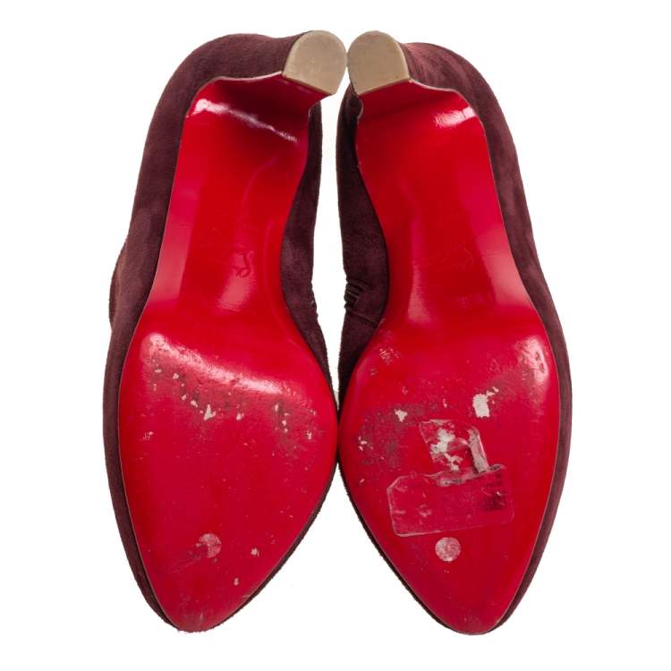 Pre Owned Christian Louboutin Burgundy Suede Platform Booties Size 36.5