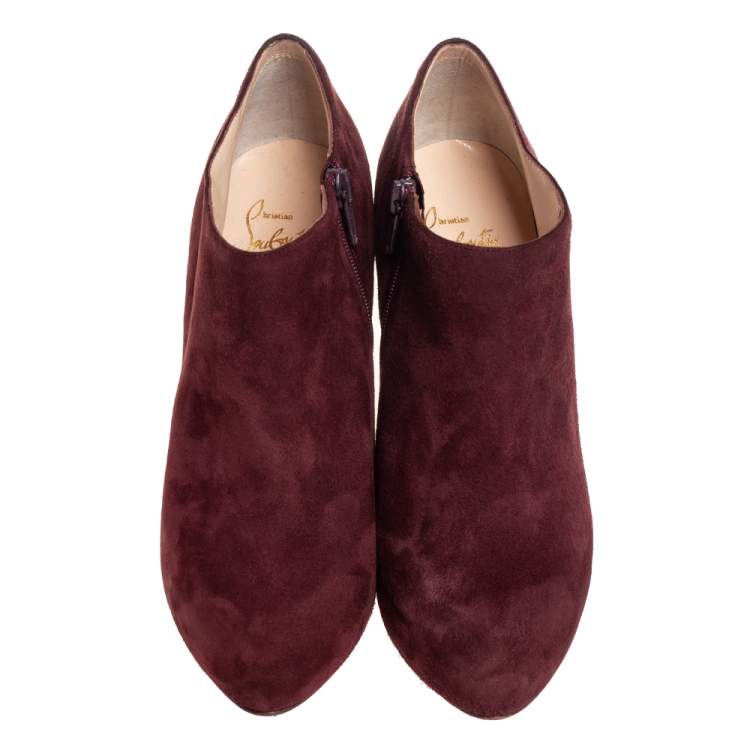 Pre Owned Christian Louboutin Burgundy Suede Platform Booties Size 36.5