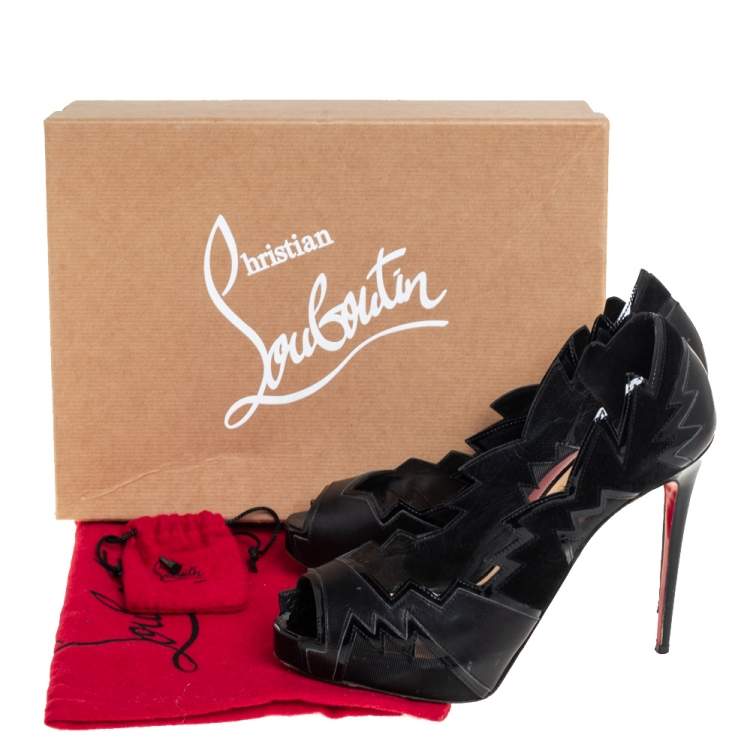 Pre Owned Christian Louboutin Black Patent And Leather Cutout Peep Toe Pumps Size 38