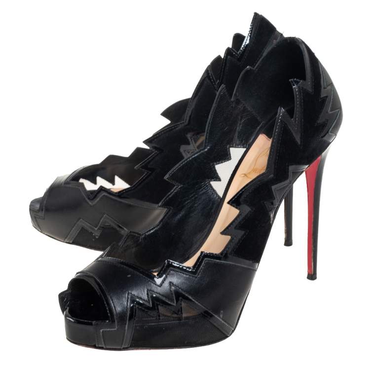 Pre Owned Christian Louboutin Black Patent And Leather Cutout Peep Toe Pumps Size 38