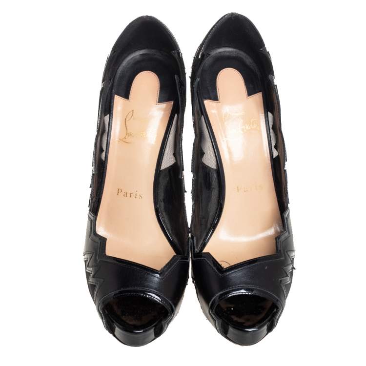 Pre Owned Christian Louboutin Black Patent And Leather Cutout Peep Toe Pumps Size 38