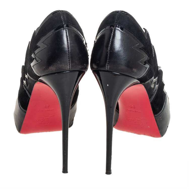 Pre Owned Christian Louboutin Black Patent And Leather Cutout Peep Toe Pumps Size 38