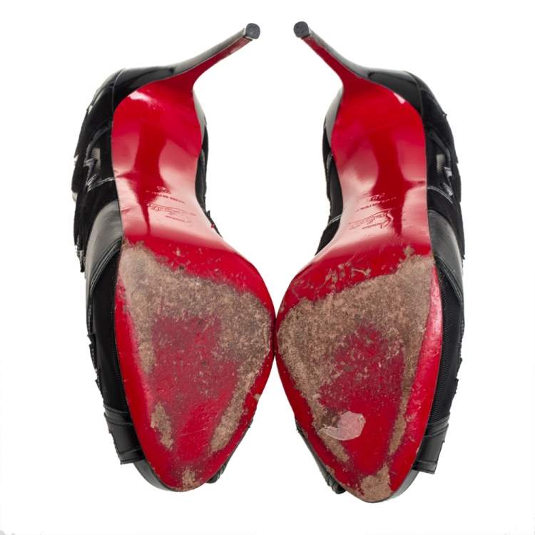 Pre Owned Christian Louboutin Black Patent And Leather Cutout Peep Toe Pumps Size 38
