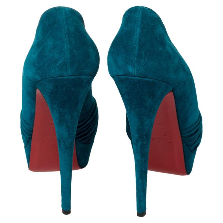Pre Owned Christian Louboutin Blue Suede Aborina Peep Toe Platform Pumps Size 39.5