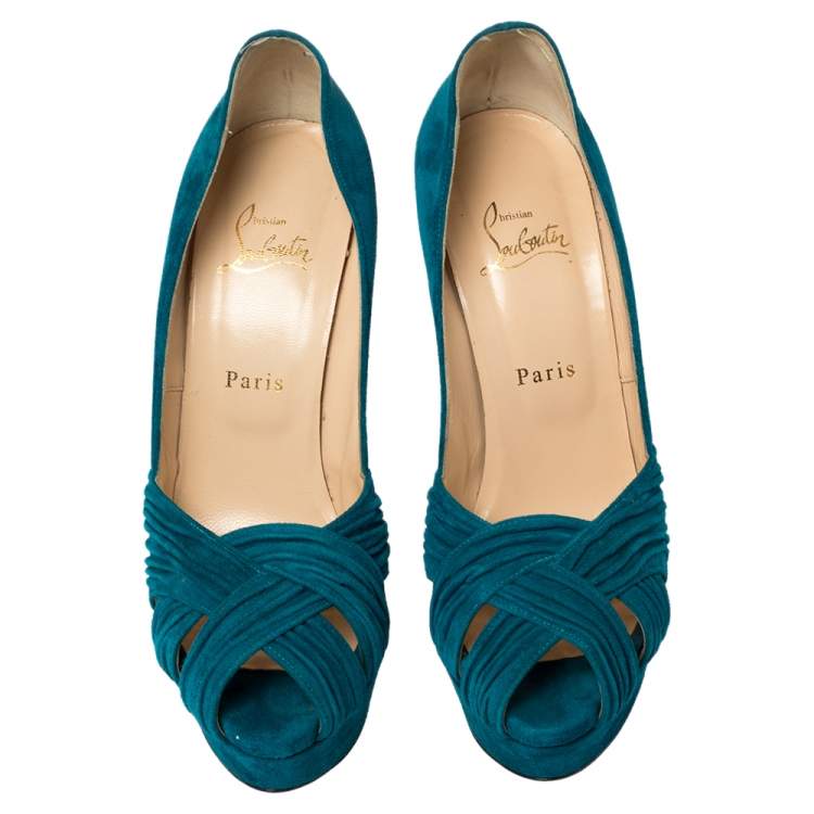 Pre Owned Christian Louboutin Blue Suede Aborina Peep Toe Platform Pumps Size 39.5