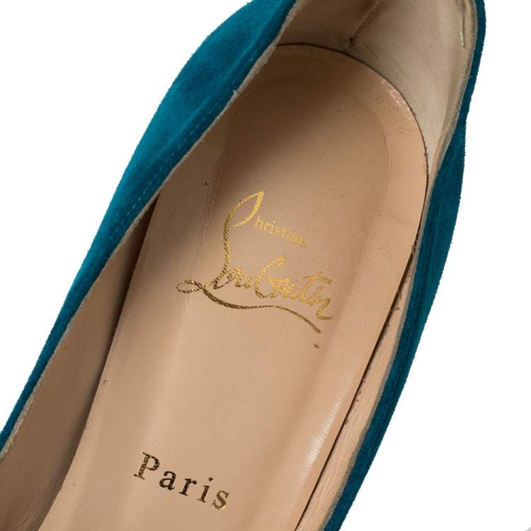 Pre Owned Christian Louboutin Blue Suede Aborina Peep Toe Platform Pumps Size 39.5