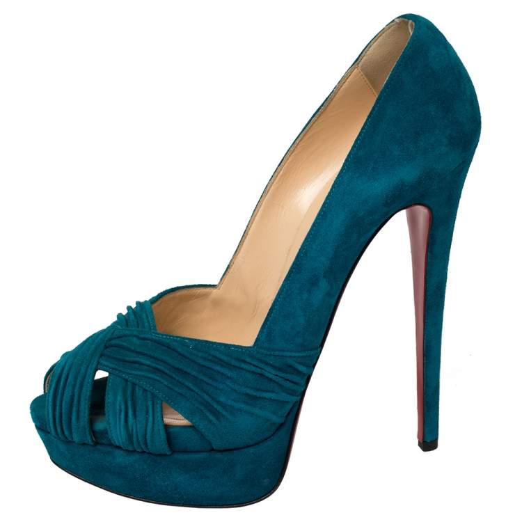 Pre Owned Christian Louboutin Blue Suede Aborina Peep Toe Platform Pumps Size 39.5