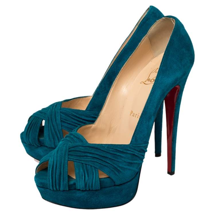 Pre Owned Christian Louboutin Blue Suede Aborina Peep Toe Platform Pumps Size 39.5