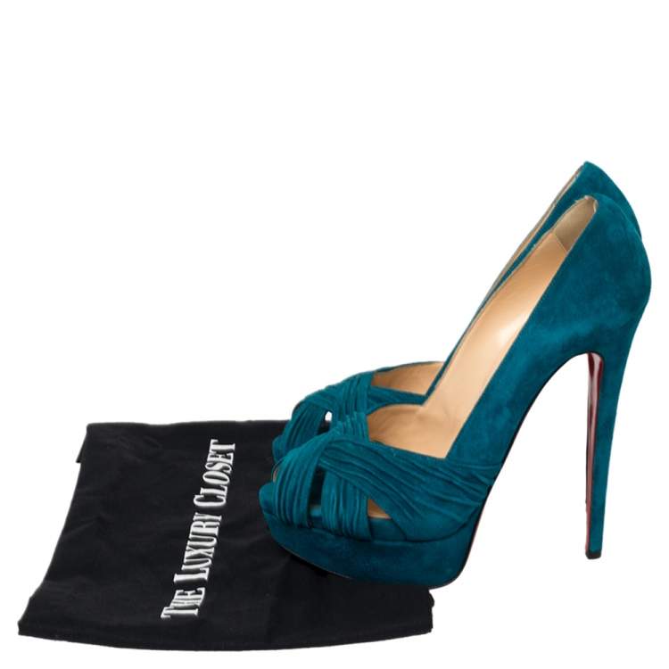 Pre Owned Christian Louboutin Blue Suede Aborina Peep Toe Platform Pumps Size 39.5