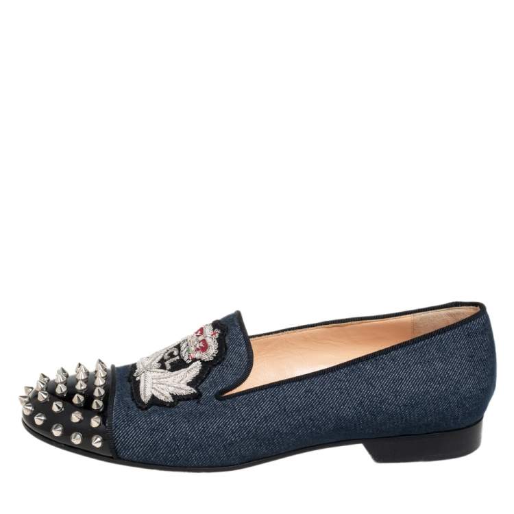 Pre Owned Christian Louboutin Blue Denim And Patent Leather Harvanana Spiked Smoking Slippers Size 39