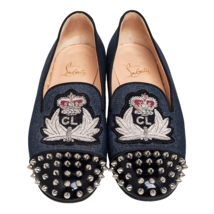 Pre Owned Christian Louboutin Blue Denim And Patent Leather Harvanana Spiked Smoking Slippers Size 39