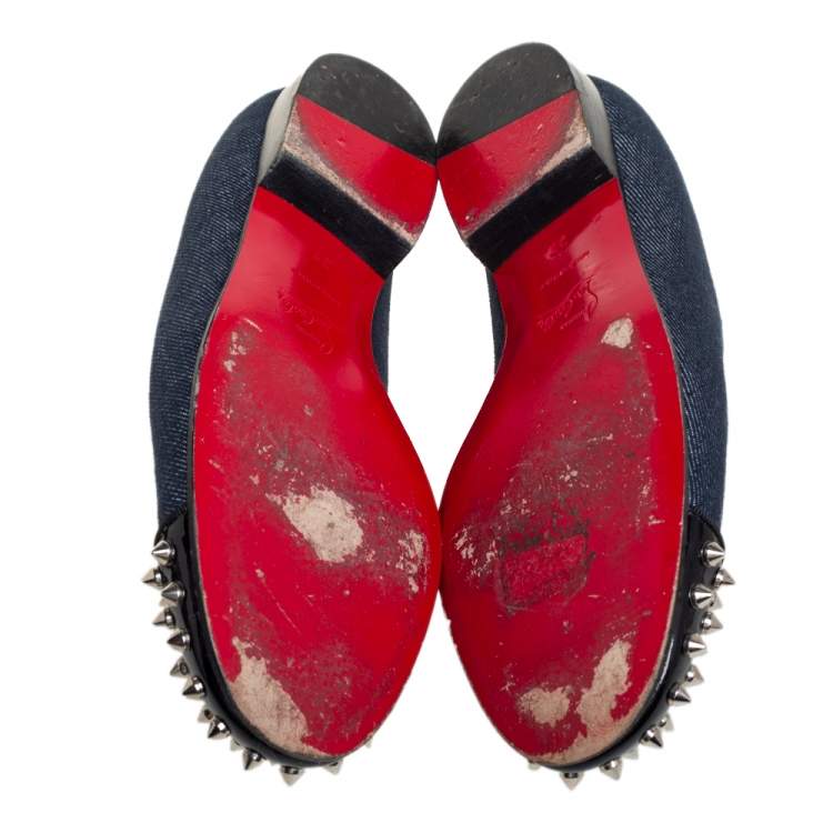 Pre Owned Christian Louboutin Blue Denim And Patent Leather Harvanana Spiked Smoking Slippers Size 39