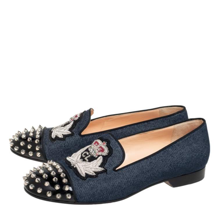 Pre Owned Christian Louboutin Blue Denim And Patent Leather Harvanana Spiked Smoking Slippers Size 39