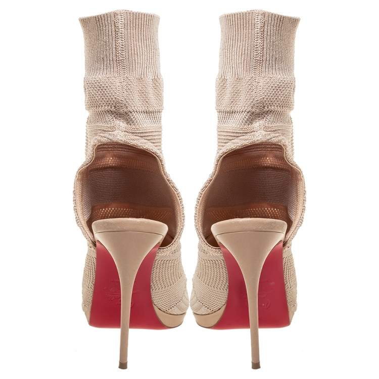 Pre Owned Christian Louboutin Beige Knit Fabric Sock Cheminene Maille Booties Size 37
