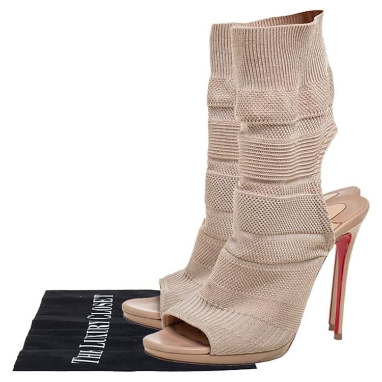 Pre Owned Christian Louboutin Beige Knit Fabric Sock Cheminene Maille Booties Size 37