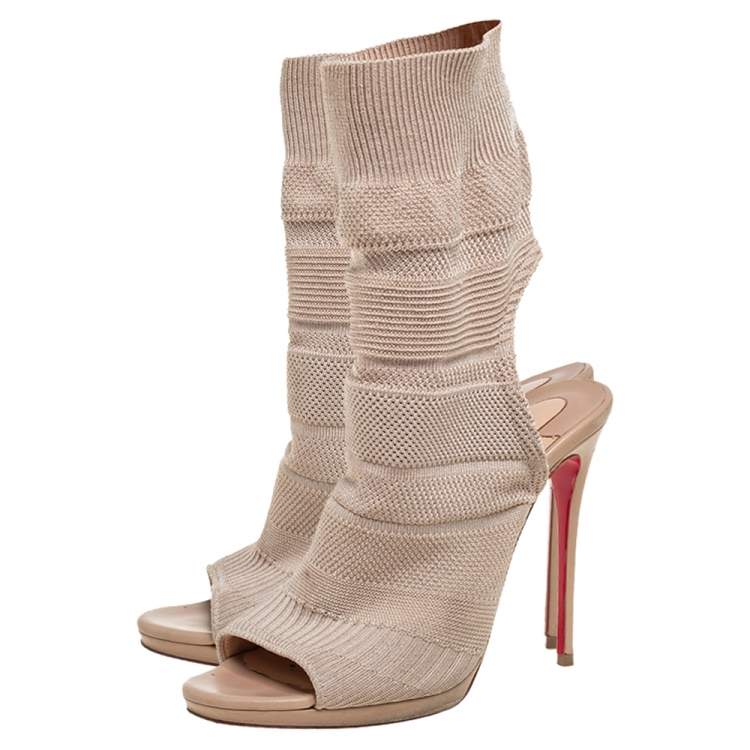 Pre Owned Christian Louboutin Beige Knit Fabric Sock Cheminene Maille Booties Size 37
