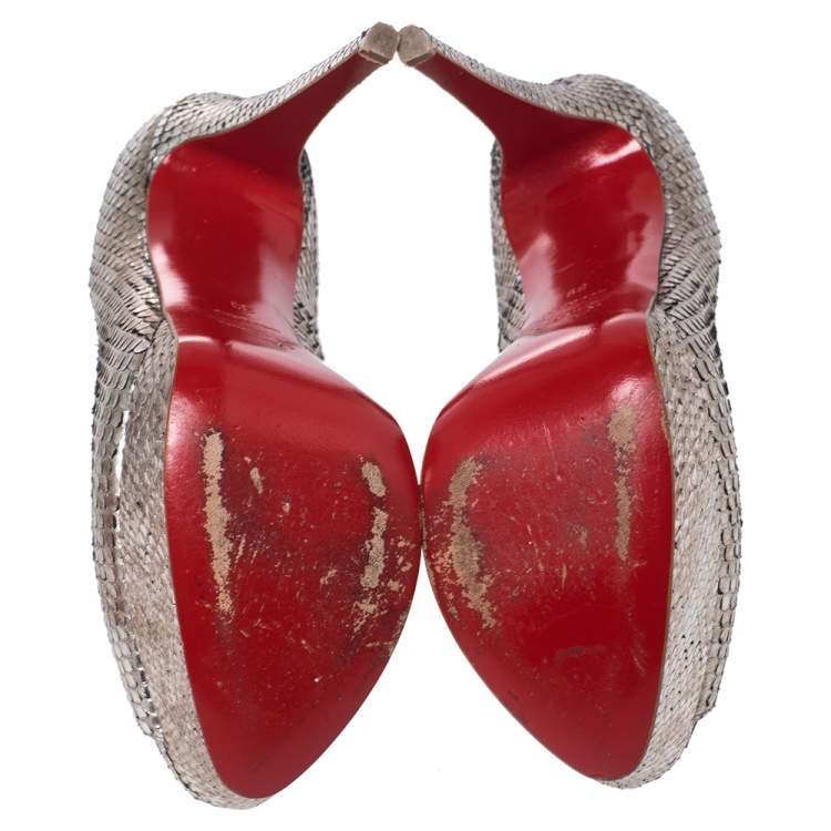 Pre Owned Christian Louboutin Metallic Two Tone Python Lady Peep Toe Platform Pumps Size 39