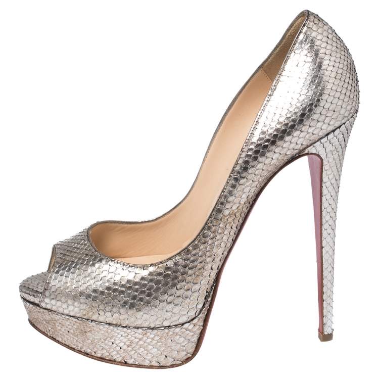 Pre Owned Christian Louboutin Metallic Two Tone Python Lady Peep Toe Platform Pumps Size 39