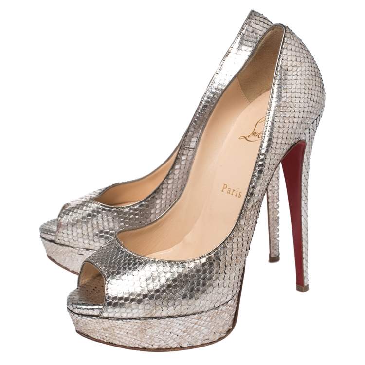 Pre Owned Christian Louboutin Metallic Two Tone Python Lady Peep Toe Platform Pumps Size 39