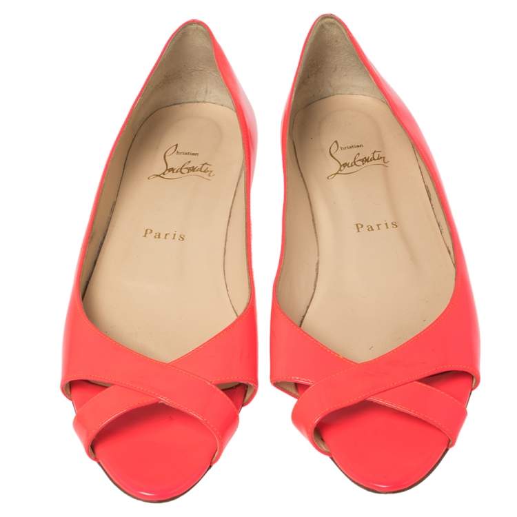 Pre Owned Christian Louboutin Neon Pink Patent Leather Croisette Flats Size 38.5