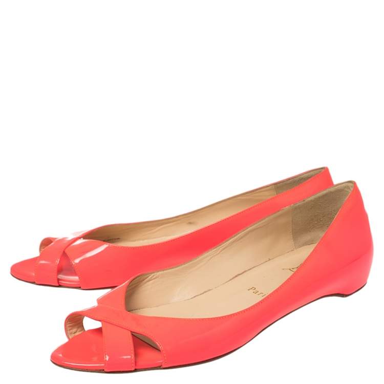 Pre Owned Christian Louboutin Neon Pink Patent Leather Croisette Flats Size 38.5