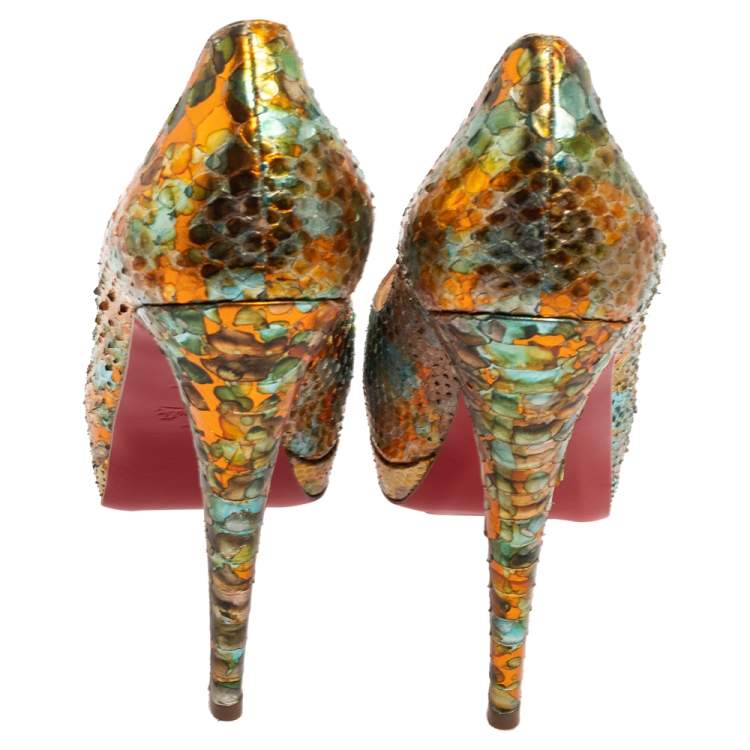 Pre Owned Christian Louboutin Multicolor  Python Leather Peep Toe Pumps Size 39