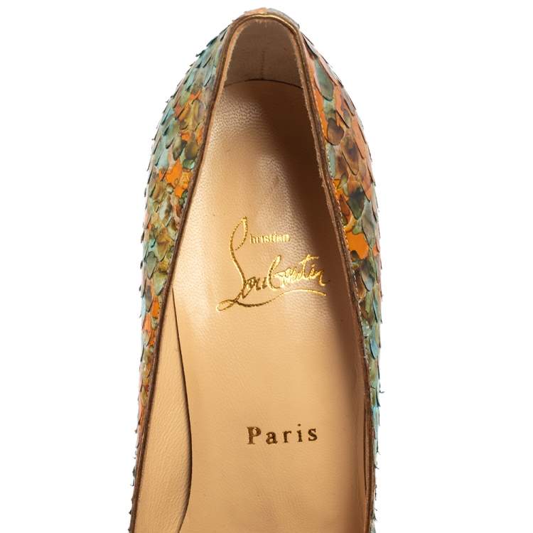 Pre Owned Christian Louboutin Multicolor  Python Leather Peep Toe Pumps Size 39