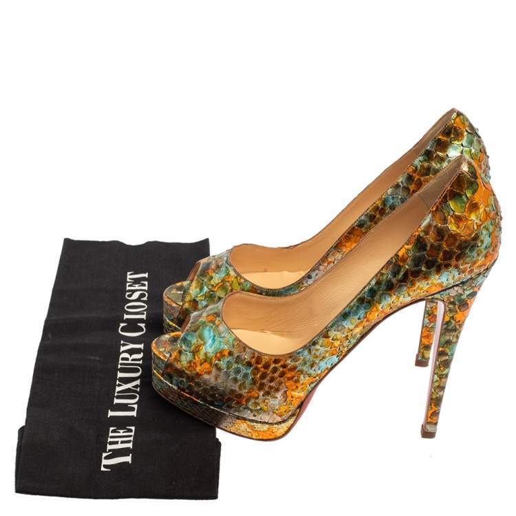 Pre Owned Christian Louboutin Multicolor  Python Leather Peep Toe Pumps Size 39