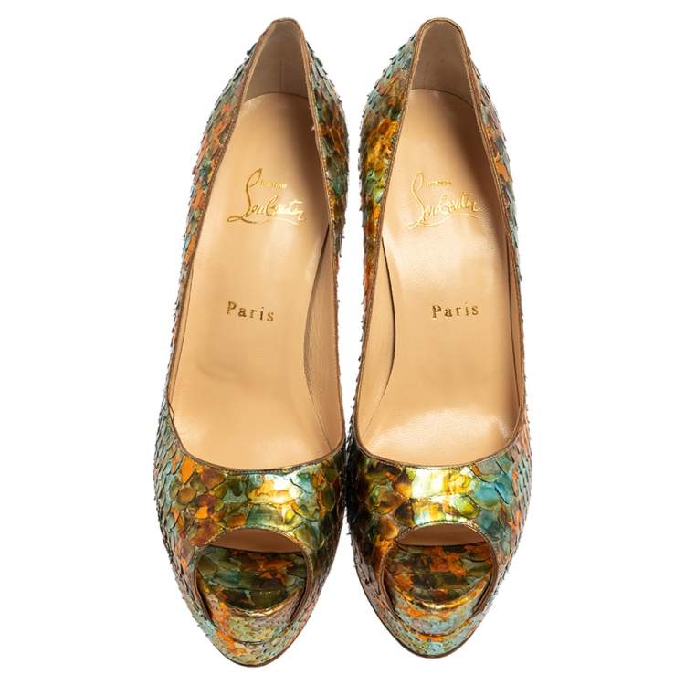 Pre Owned Christian Louboutin Multicolor  Python Leather Peep Toe Pumps Size 39