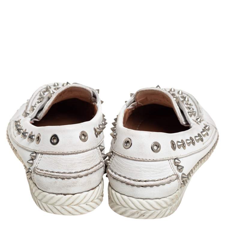 Pre Owned Christian Louboutin White Studded Leather Yacht Spikes Driver Loafers Size 37.5
